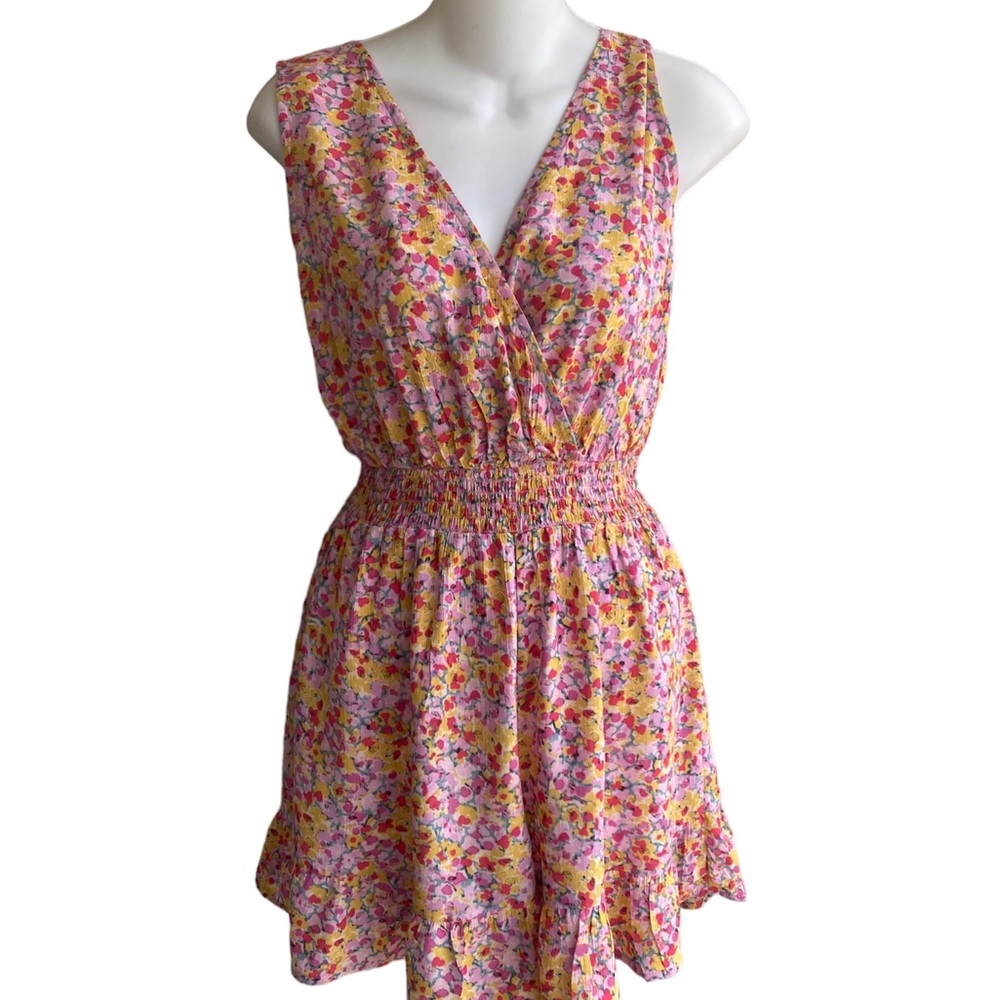 Rewind Sleeveless Romper Surplice Pink Yellow Floral Ruffle Junior Small NWT
